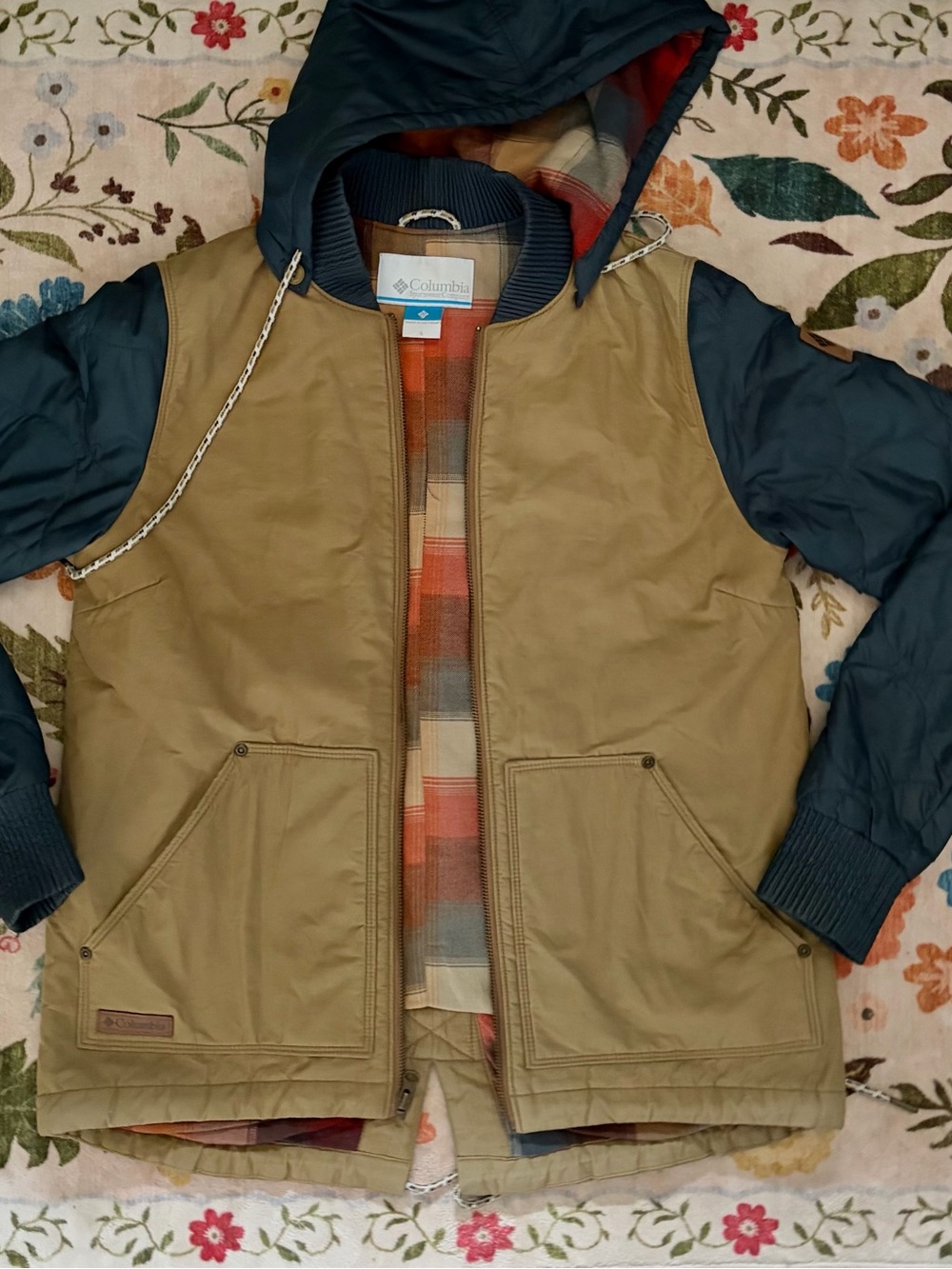 Columbia Two-Tone Hooded Winter Jacket in Tan and Navy